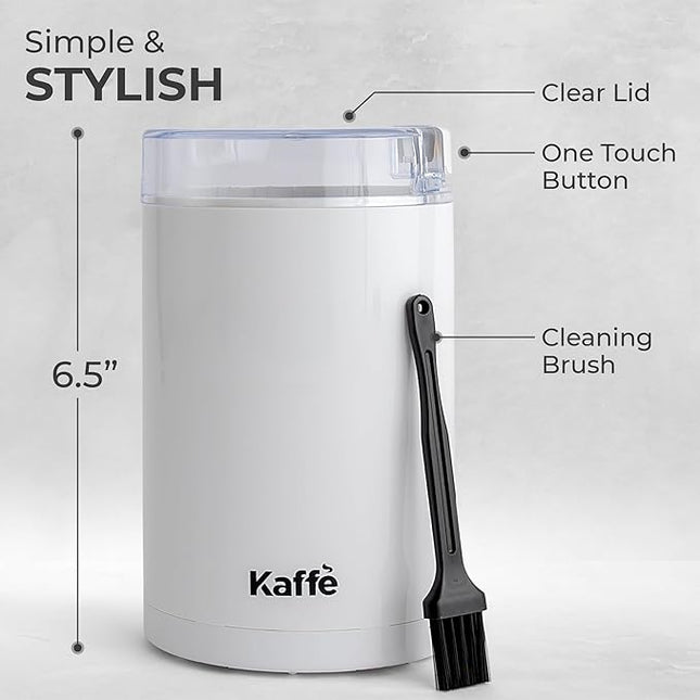 Kaffe One-Touch Coffee Grinder Electric w/Cleaning Brush (3 oz) - Coffee Grinders for Home Use - Up to 12 Cups of Coffee per Grind - Easy On/Off Coffee Bean Grinder - White