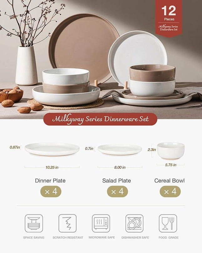Famiware Milkyway Plates and Bowls Sets, 12 Pieces Stoneware Dinnerware Sets, Dishes Set for 4, White & Cinnamon Brown