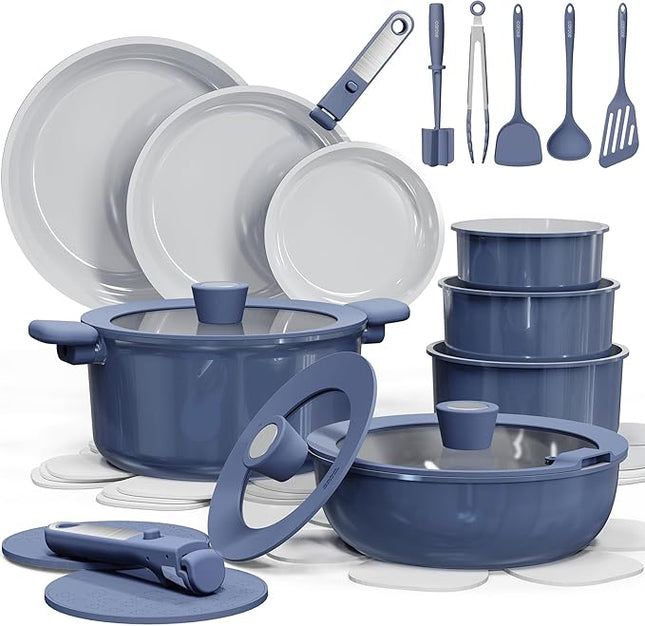 CAROTE 27pcs Ceramic Cookware Set Nonstick, Pots and Pans Set Non stick, Non Toxic Cookware, Dishwasher/Oven Safe, RV/Camping Cookware Set, Pan and Pot with Kitchen Utensils, Navy Blue