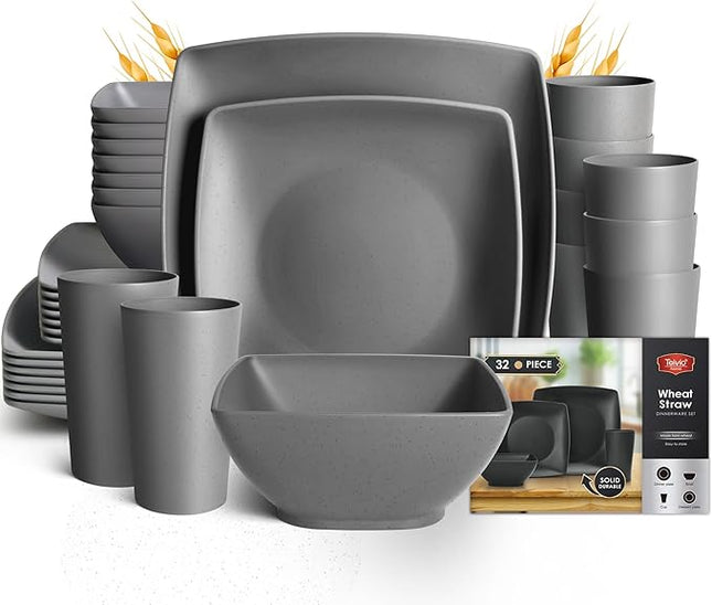 Teivio 32-piece Plastic Wheat Straw Square Dinnerware Set for 8, Unbreakable Dinner Plates, Salad Plates, Snack Bowls, Tumblers 20 oz, Dishwasher Safe, Grey