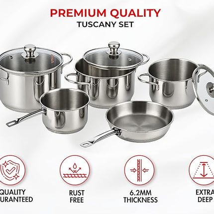 Vinod Stainless Steel Induction Friendly Tuscany Set 5 Pieces - Saucepan (14 cm/1.3 Litre), 3 Cassseroles (14 cm,16 cm & 18 cm/1.3,2 & 2.8 Litre), Frypan (18 cm) & 3 Glass Lids