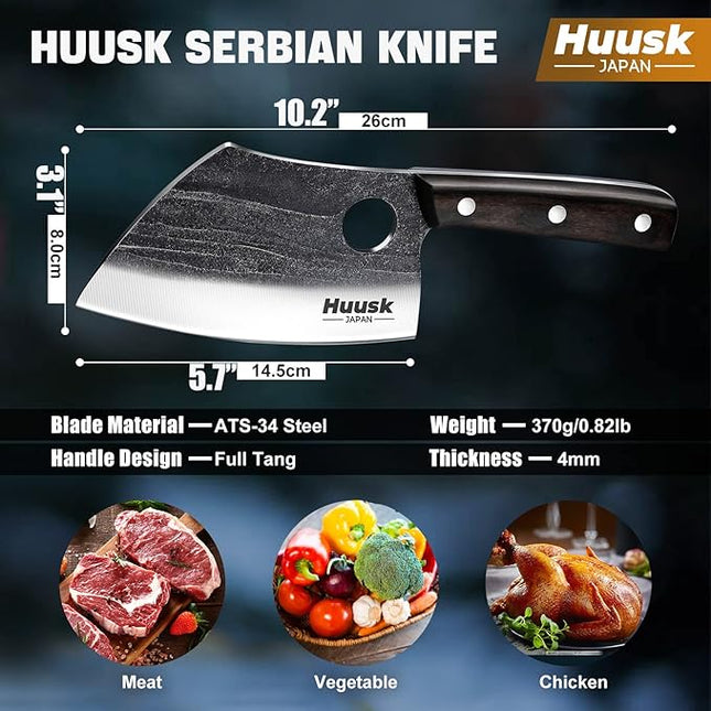 Huusk Serbian Chef Knife with Full Tang Handle Forged Butcher Knives for Meat Cutting Meat Cleaver Knife with Sheath for Halloween Kitchen Hunting or Camping Christmas Gift for Men and Women