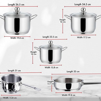 Vinod Stainless Steel Induction Friendly Tuscany Set 5 Pieces - Saucepan (14 cm/1.3 Litre), 3 Cassseroles (14 cm,16 cm & 18 cm/1.3,2 & 2.8 Litre), Frypan (18 cm) & 3 Glass Lids