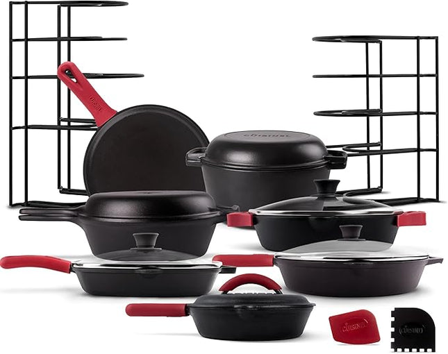Cuisinel Cast Iron 23-Pc Cookware Set - 8" Skillet + Cast Iron Lid + 12"+Lid + 10" Braiser with Lid + Grill Pan + Lid + Griddle + 5-Qt Dutch Oven + Multi-Cooker + 12"+15" Pan Rack + Scraper + Handles