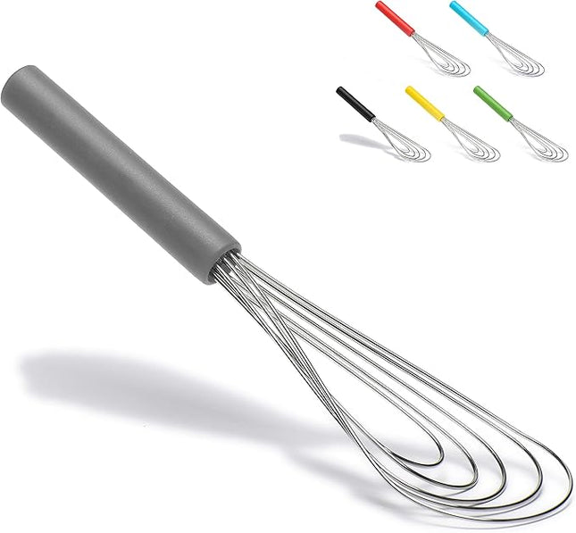 Flat Whisk Silicone Handle Non Slip 10" - 5 Wires Whisk with 10 Heads for Kitchen Cooking by Jell-Cell (Grey)