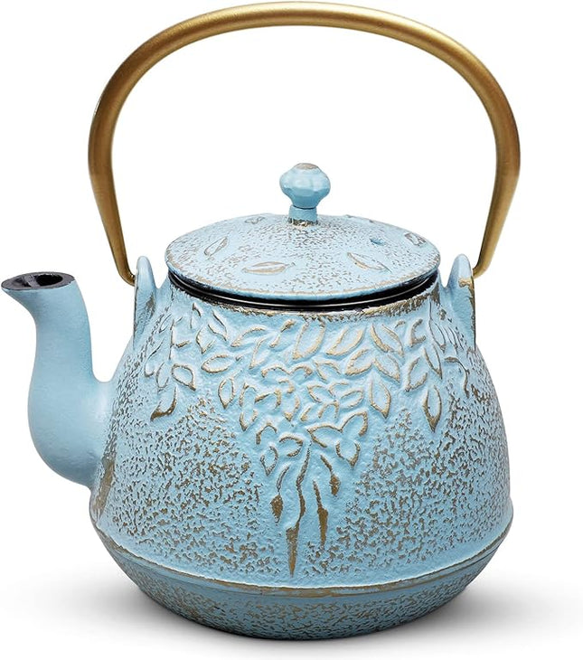 Tea Kettle, TOPTIER Japanese Cast Iron Tea Kettle with Infuser for Loose Leaf and Tea Bags, Stovetop Safe Cast Iron Teapot Coated with Enameled Interior for 40 oz (1200 ml), Turquoise Blue