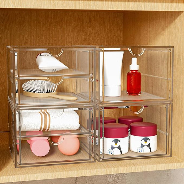 Acrylic Makeup Organizer, 4 Pack Drawer Organizer - Transparent Desktop Storage for Cosmetics, Office Supplies & More - Clear Organizers for Home & Office Use