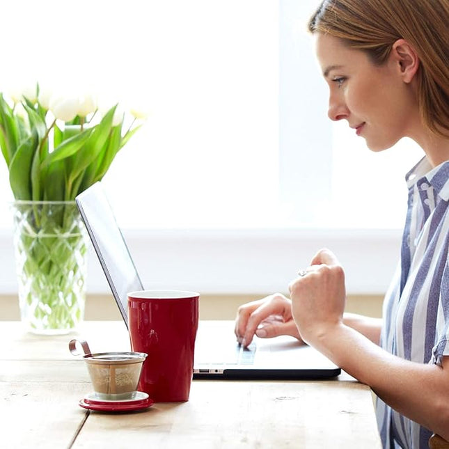 Tea Forte Double-Walled Ceramic Kati Cup, Removable Stainless Steel Infuser Basket and Lid, Steeps 12 oz Loose Leaf Tea, Dishwasher & Microwave Safe, Lotus