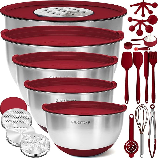 Priority Chef Stainless Steel Mixing Bowls with Lids Set, Metal Nesting Bowls with Airtight Lids, Graters, Non-Slip Base & Measurement Marks, Includes Utensil Set for Prep, Baking & Storage, Red