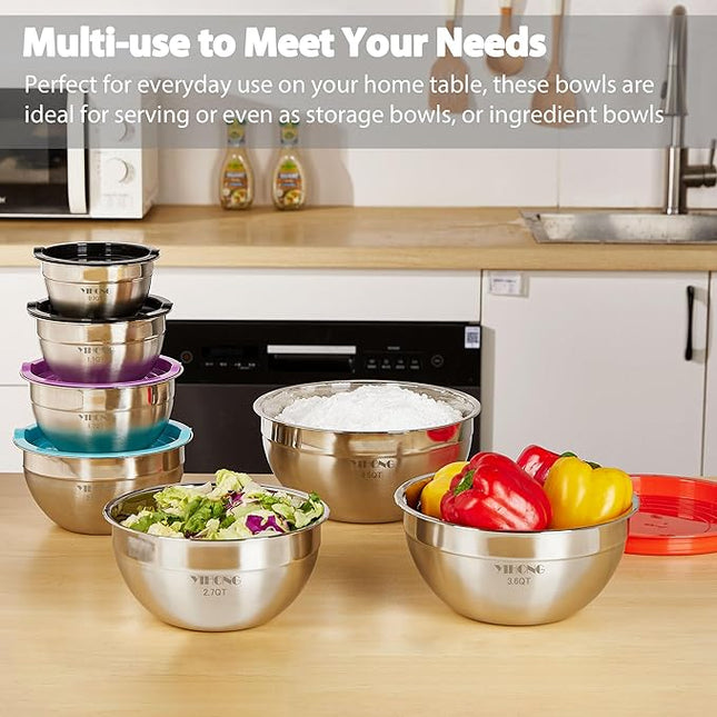YIHONG 7 Piece Metal Mixing Bowls with Lids for Kitchen, Stainless Steel Set Ideal for Baking, Prepping, Cooking and Serving Food, Nesting Design for Space Saving Storage