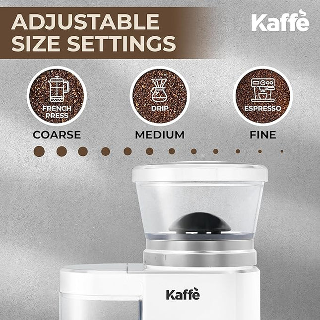 Kaffe Electric Burr Coffee Grinder (5.5oz) w/Adjustable Coarseness Settings - Flat Burr - [New Upgraded Motor ] - Precision Coffee Bean Grinder for Home Use - White