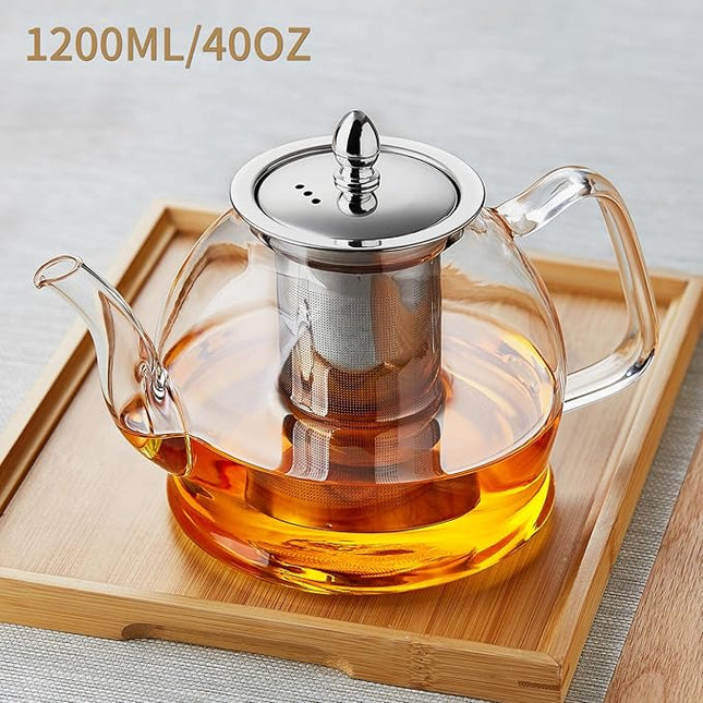 1200ml Glass Teapot with Removable Infuser, Stovetop Safe Tea Kettle, Blooming and Loose Leaf Tea Maker Set