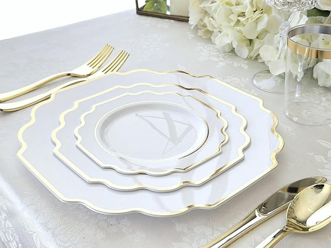 " OCCASIONS " 120 Plates Pack,(60 Guests) Heavyweight Wedding Party Disposable Plastic Plates Set -60 x 10.5'' Dinner + 60 x 8'' Salad/Dessert Plate (Imperial White & Gold)