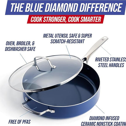 Blue Diamond 5QT Saute Pan with Lid, Non Toxic PFAS-Free Diamond Ceramic Nonstick, Dishwasher & Oven Safe, Metal Utensil Safe, Deep Jumbo Cooker Skillet with Helper Handle, Glass Lid, Blue