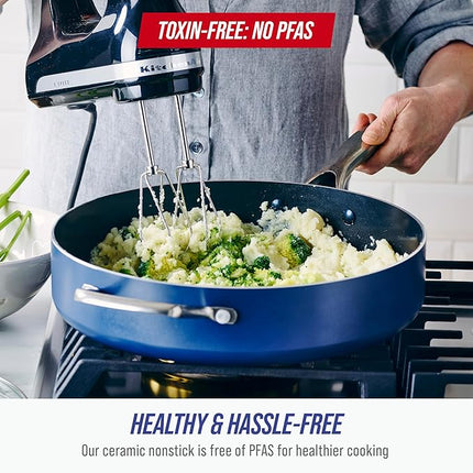 Blue Diamond 5QT Saute Pan with Lid, Non Toxic PFAS-Free Diamond Ceramic Nonstick, Dishwasher & Oven Safe, Metal Utensil Safe, Deep Jumbo Cooker Skillet with Helper Handle, Glass Lid, Blue