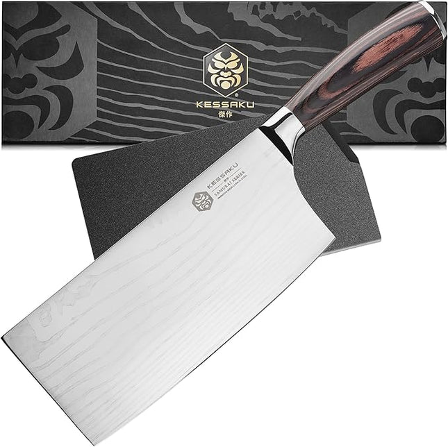 KESSAKU Meat Cleaver Butcher Knife - 7 inch - Samurai Series - Heavy Duty - Razor Sharp - Forged 7Cr17MoV High Carbon Stainless Steel - Wood Handle with Blade Guard
