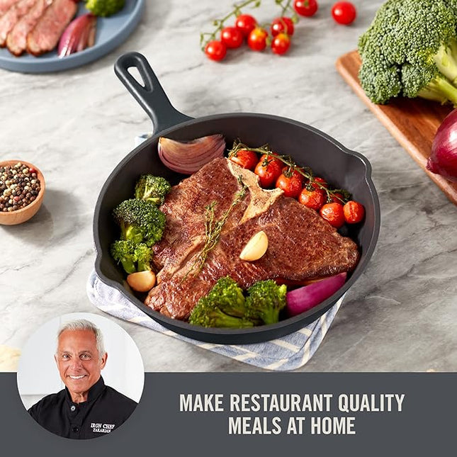 DASH Zakarian 9.5" Nonstick Cast Iron Skillet with Pour Spouts for Searing, Baking, Grilling, Roasting and More - Black