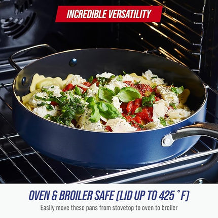 Blue Diamond 5QT Saute Pan with Lid, Non Toxic PFAS-Free Diamond Ceramic Nonstick, Dishwasher & Oven Safe, Metal Utensil Safe, Deep Jumbo Cooker Skillet with Helper Handle, Glass Lid, Blue