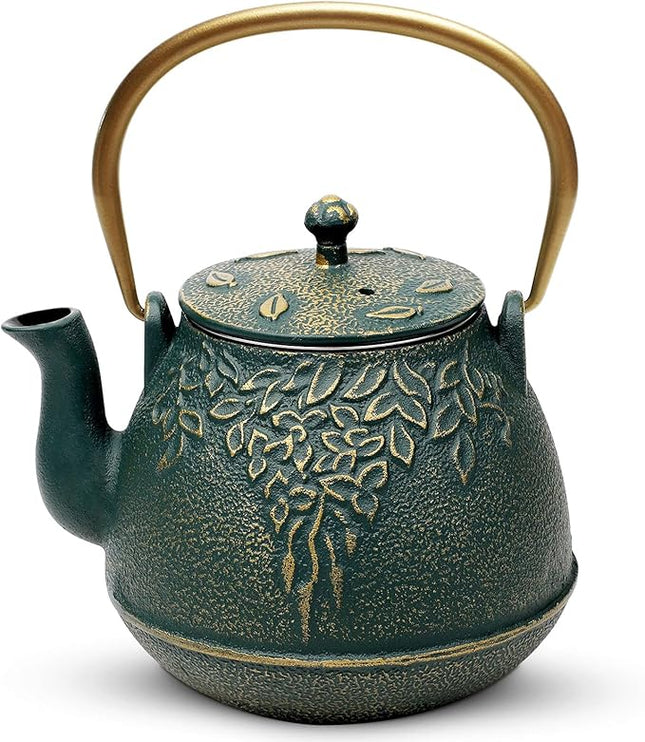 Tea Kettle, TOPTIER Japanese Cast Iron Teapot with Infuser, Leaf Design Cast Iron Tea Pot Stovetop Safe Coated with Enameled Interior for 40 Ounce (1200 ml), Dark Green