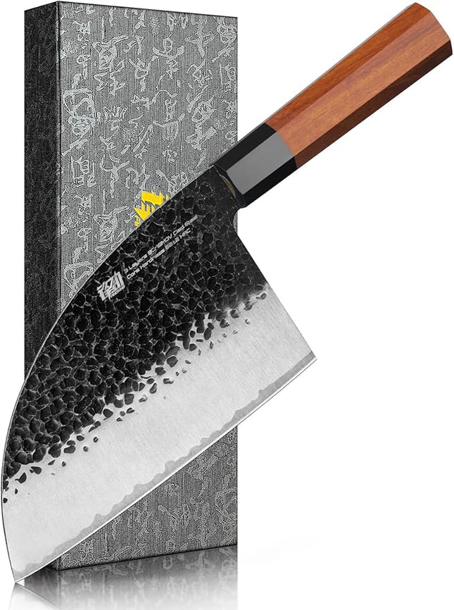 FINDKING Dynasty Series Serbian Chefs Knife with Leather Sheath, Heavy Duty Meat Cleaver, 9Cr18MoV High Carbon Steel Blade, African Rosewood Octagonal Handle, for Meat, Chicken Bones, 6.5 Inches