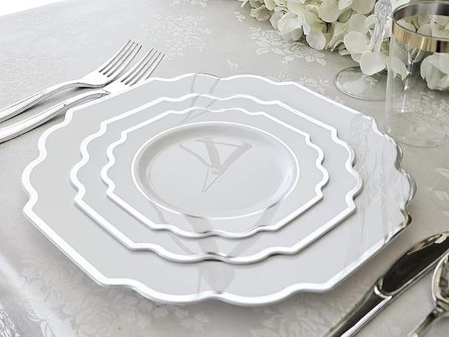 " OCCASIONS " 240 Plates Pack (120 Guests) Heavyweight Wedding Party Disposable Plastic Plates Set -120 x 10.5'' Dinner + 120 x 8'' Salad/Dessert Plate (Imperial in White & Silver Rim)
