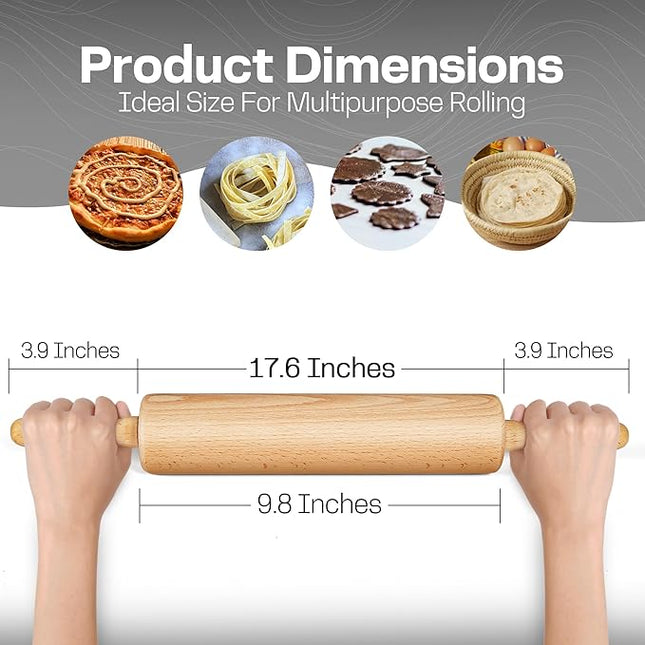 Wooden Rolling Pin 17.6 Inch with Rotating Ergonomic Handles – Classic Beech Wood Dough Roller for Baking Pizza, Pastry, Bread, and Cookies