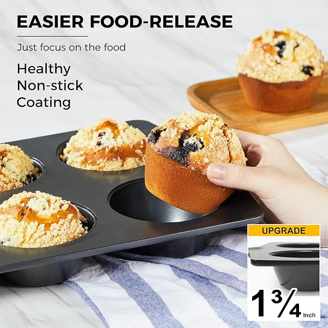 HONGBAKE Nonstick Jumbo Muffin Pan, 2 Pack Large Cupcake Tin for Baking, Cup Cake Tray, 3.5dia, 6 Cup, Premium, Extra Thick, Dishwasher Safe