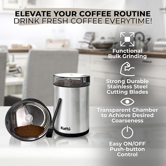 Kaffe Coffee Grinder Electric. Best Coffee Grinders for Home Use. (14 Cup) Easy On/Off w/Cleaning Brush Included. Stainless Steel