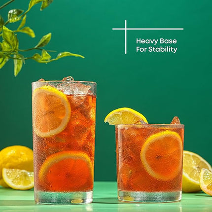 JoyJolt Alain Drinking Glasses Set of 8 Glass Tumblers. Highball 14oz Bar Glasses and Lowball 10oz Rocks Glasses Set. Cocktail, Juice, Whiskey Glasses or Water Glasses. Kitchen or Bar Glassware Set