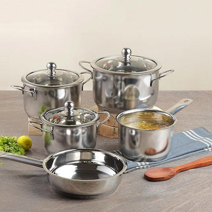 Vinod Stainless Steel Induction Friendly Tuscany Set 5 Pieces - Saucepan (14 cm/1.3 Litre), 3 Cassseroles (14 cm,16 cm & 18 cm/1.3,2 & 2.8 Litre), Frypan (18 cm) & 3 Glass Lids