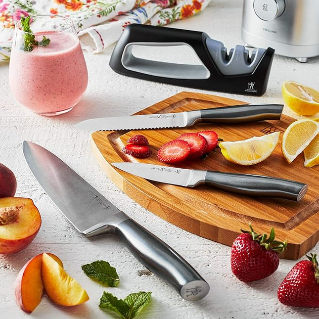 HENCKELS Graphite 4-pc Starter Knife Set, 8" Chef Knife, 5-in. Serrated Utility, 3-in. Paring Knife, and Handheld Sharpener